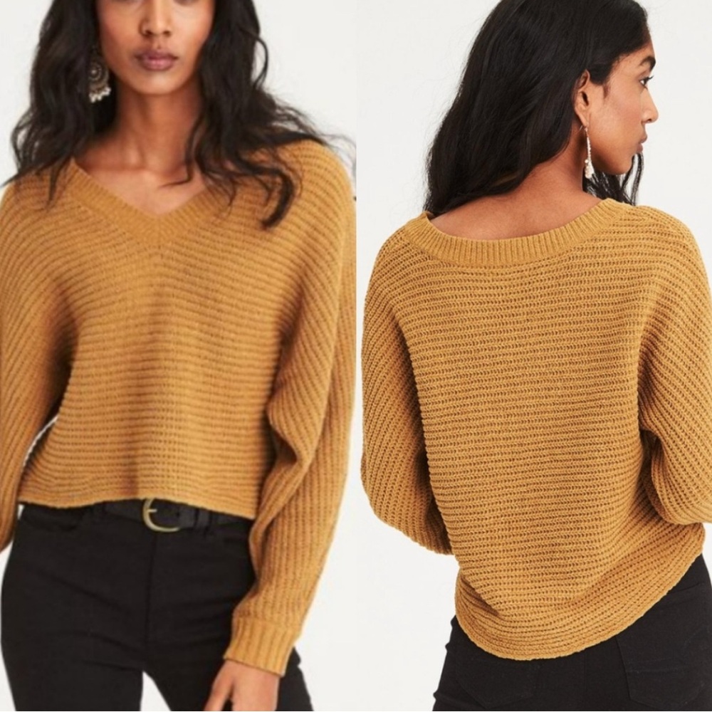 American Eagle Sweater Cropped Hi Low Slouchy Ribbed Women's Small Mustard Yello